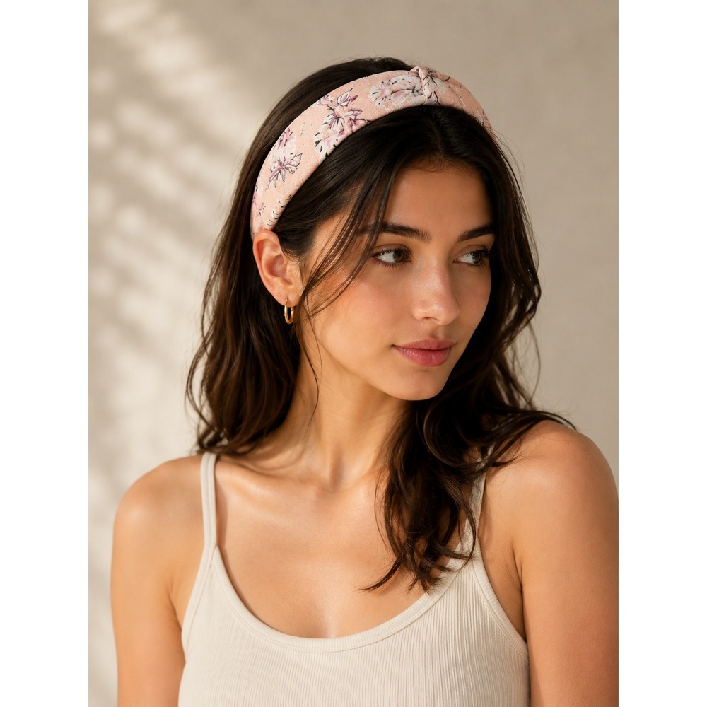 Peach Floral Top Knot Headband Pink White Flower‎ Print Hair Accessory Boho